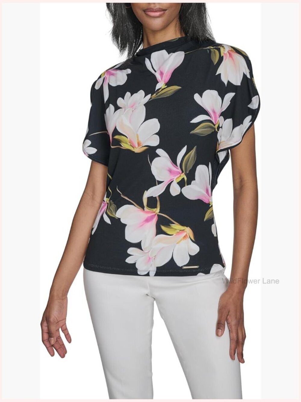 Short Sleeve Cowl Neck Printed Blouse Jersey Tunic Snug Fit Top